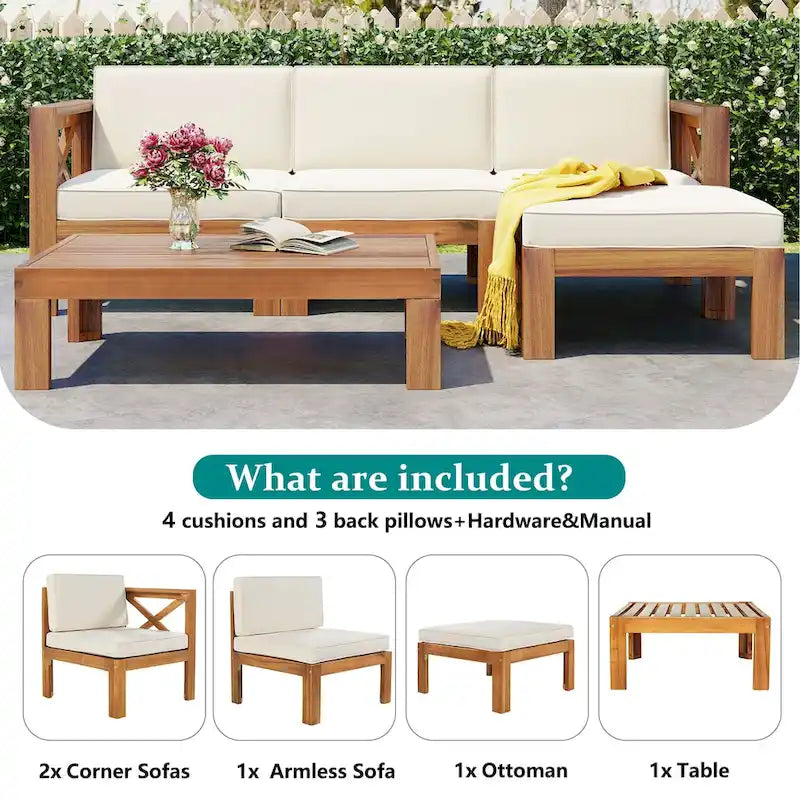 Ensemble de canapé d'angle d'extérieur en bois avec coussins