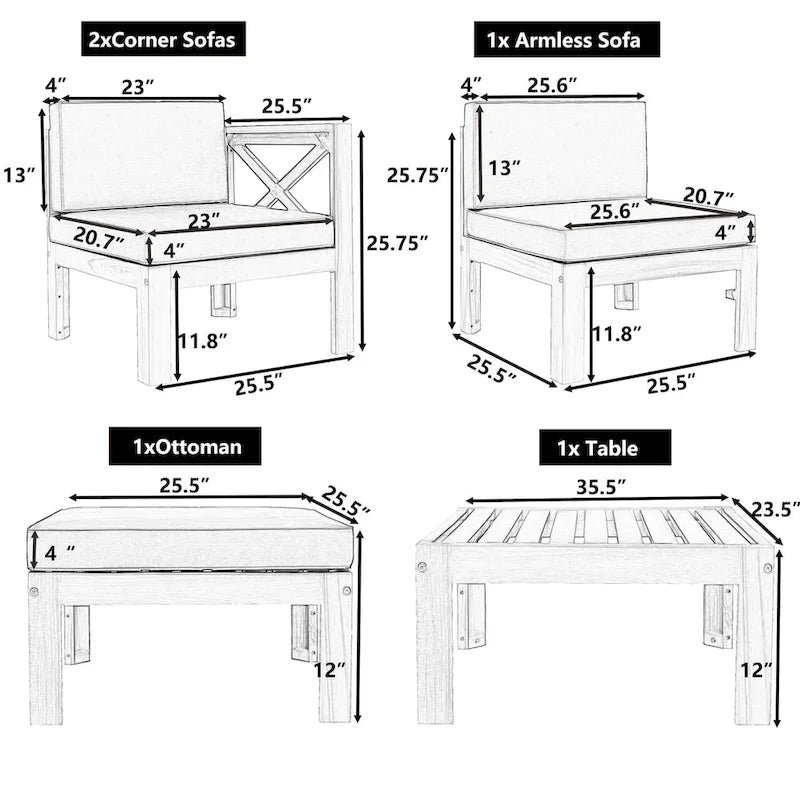 Ensemble de canapé d'angle d'extérieur en bois avec coussins