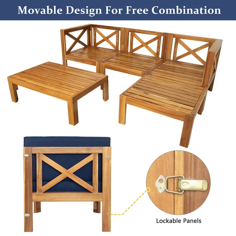Ensemble de canapé d'angle d'extérieur en bois avec coussins