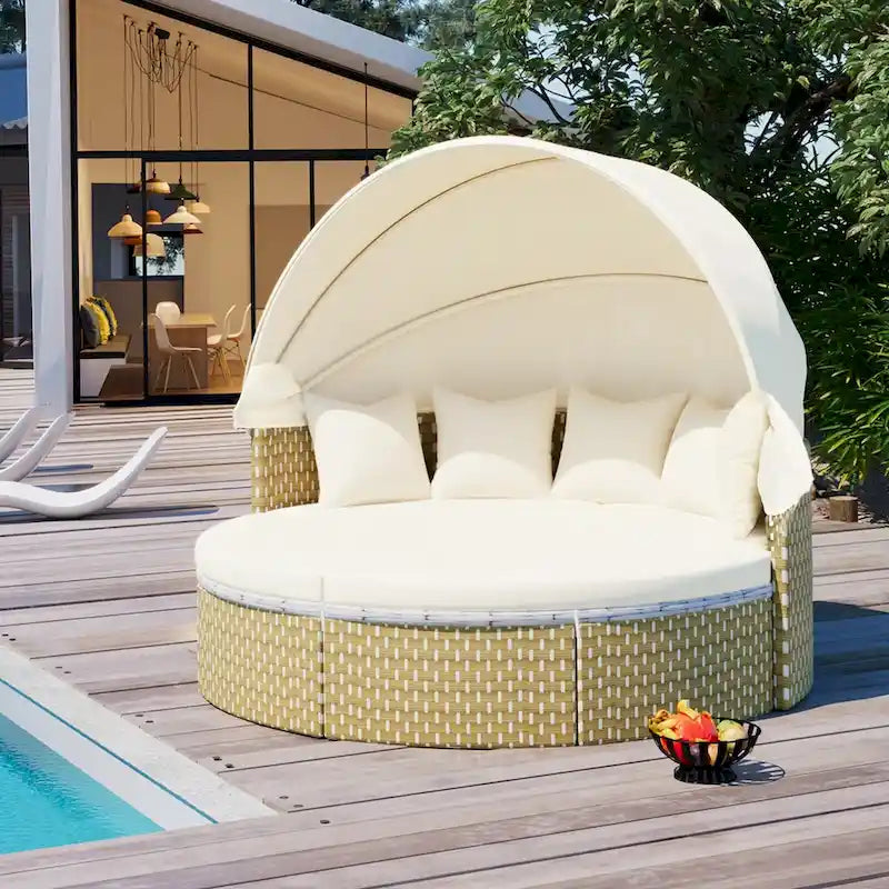 Ensemble de mobilier de patio rond 6 pièces, canapé d'angle d'extérieur avec auvent rétractable, sièges séparés et coussins amovibles