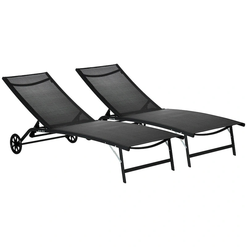 Chaise longue d'extérieur Outsunny, fauteuil de jardin 2 pièces à roulettes, chaise de bronzage avec 5 positions réglables