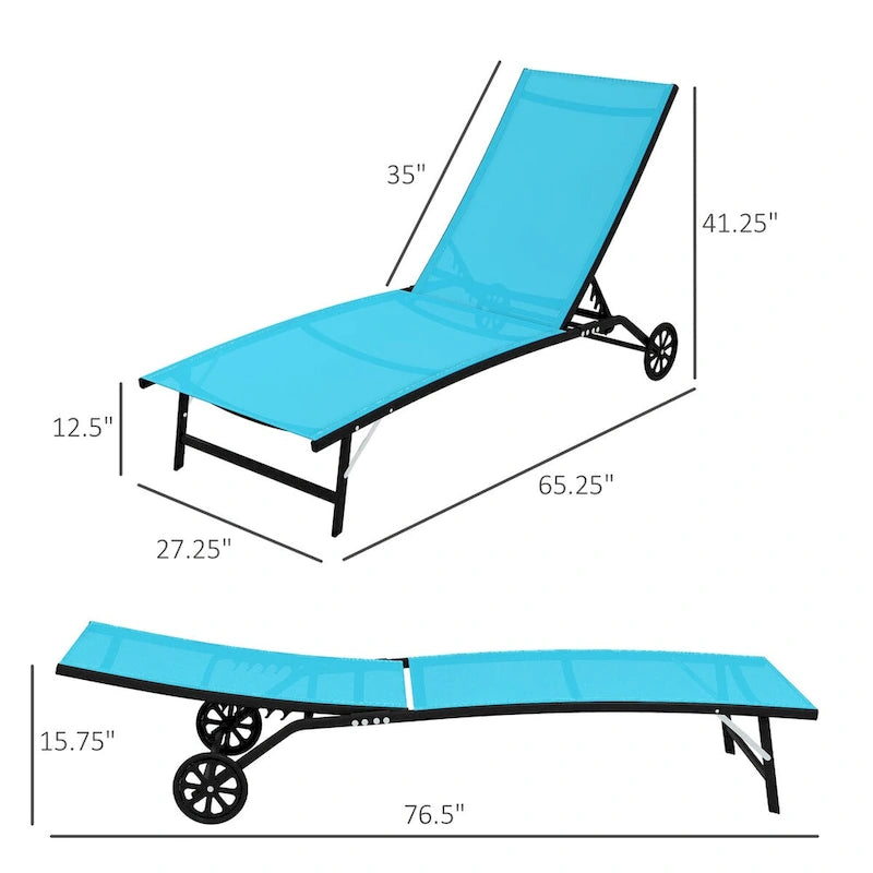 Chaise longue d'extérieur Outsunny, fauteuil de jardin 2 pièces à roulettes, chaise de bronzage avec 5 positions réglables