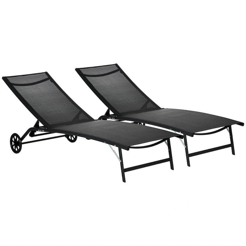 Chaise longue d'extérieur Outsunny, fauteuil de jardin 2 pièces à roulettes, chaise de bronzage avec 5 positions réglables
