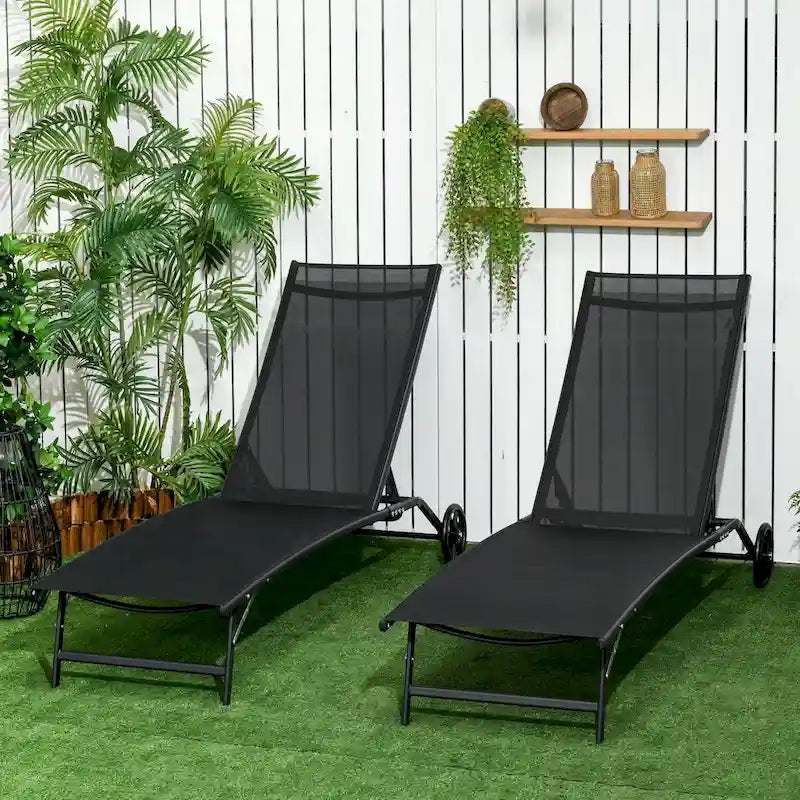 Chaise longue d'extérieur Outsunny, fauteuil de jardin 2 pièces à roulettes, chaise de bronzage avec 5 positions réglables