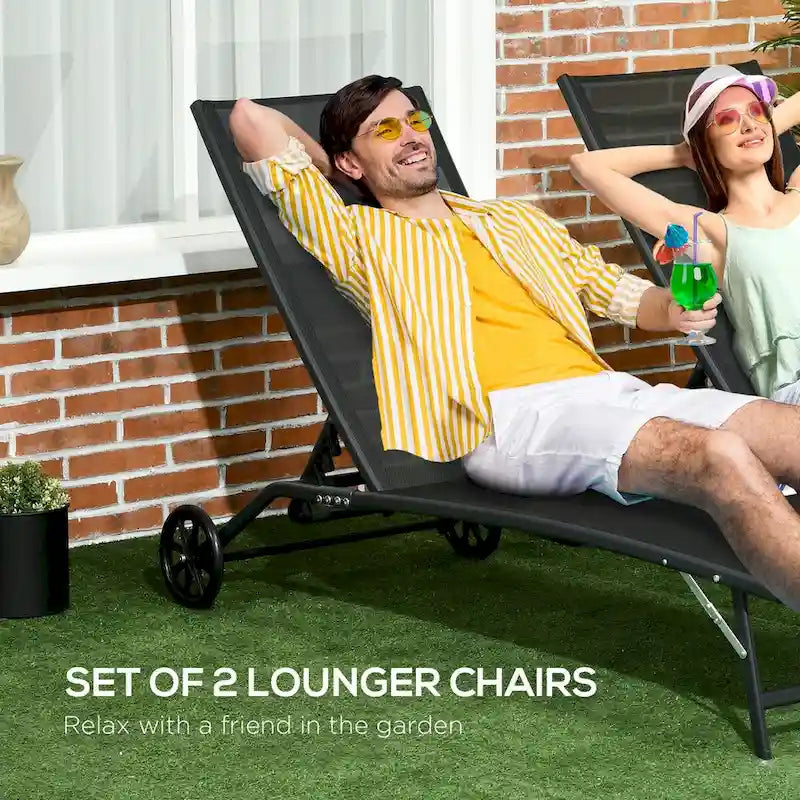 Chaise longue d'extérieur Outsunny, fauteuil de jardin 2 pièces à roulettes, chaise de bronzage avec 5 positions réglables