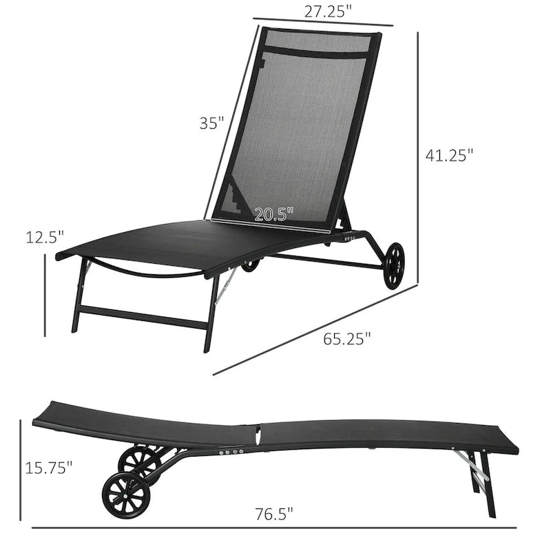 Chaise longue d'extérieur Outsunny, fauteuil de jardin 2 pièces à roulettes, chaise de bronzage avec 5 positions réglables