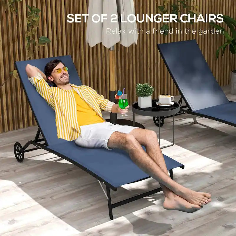 Chaise longue d'extérieur Outsunny, fauteuil de jardin 2 pièces à roulettes, chaise de bronzage avec 5 positions réglables