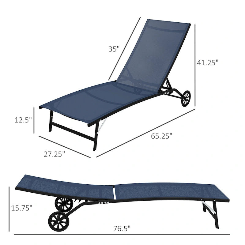 Chaise longue d'extérieur Outsunny, fauteuil de jardin 2 pièces à roulettes, chaise de bronzage avec 5 positions réglables