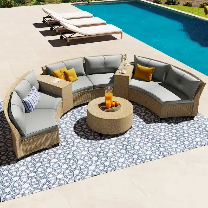 Ensemble de jardin en rotin en forme d'éventail pour 6 personnes, avec coussins et table.
