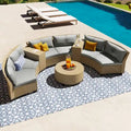 Ensemble de jardin en rotin en forme d'éventail pour 6 personnes, avec coussins et table.