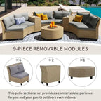 Ensemble de jardin en rotin en forme d'éventail pour 6 personnes, avec coussins et table.