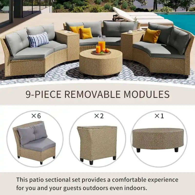 Ensemble de jardin en rotin en forme d'éventail pour 6 personnes, avec coussins et table.