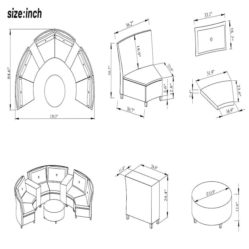 Ensemble de jardin en rotin en forme d'éventail pour 6 personnes, avec coussins et table.