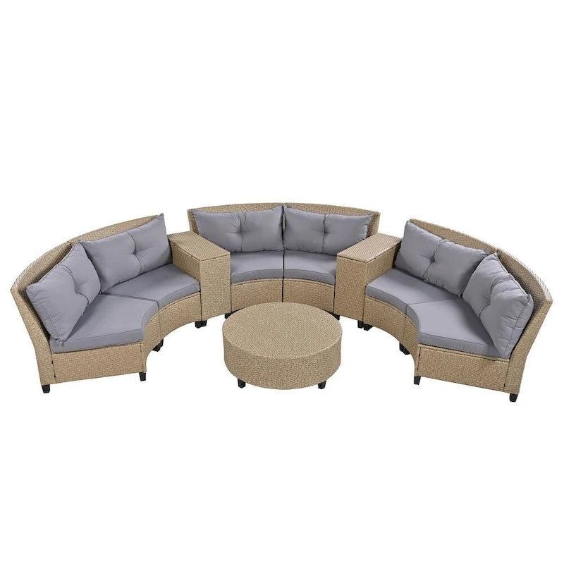 Ensemble de jardin en rotin en forme d'éventail pour 6 personnes, avec coussins et table.