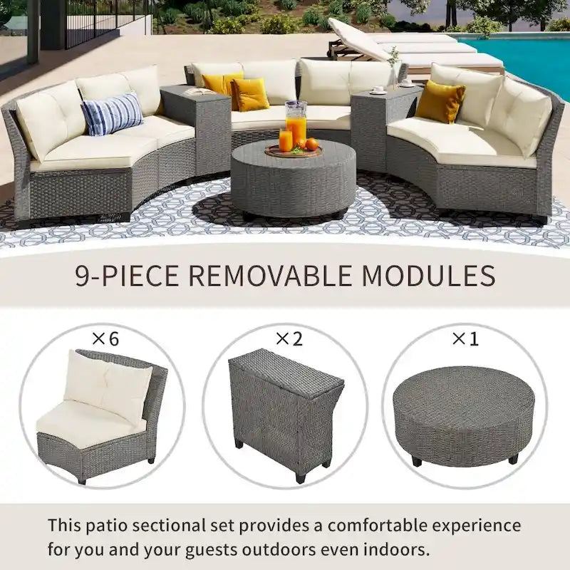 Ensemble de jardin en rotin en forme d'éventail pour 6 personnes, avec coussins et table.