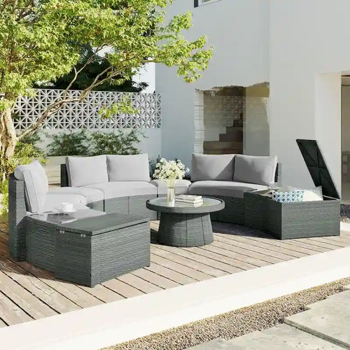 10-Piece Outdoor Sectional Half Round Patio Rattan Sofa Set, PE Wicker Conversation Furniture Set for Free Combination
