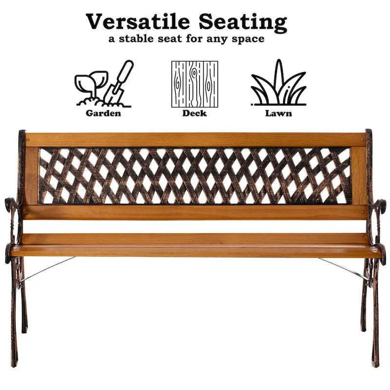 Banc de parc classique d'extérieur en bois à lattes, banc avec structure en acier pour cour, patio, jardin, balcon et terrasse.