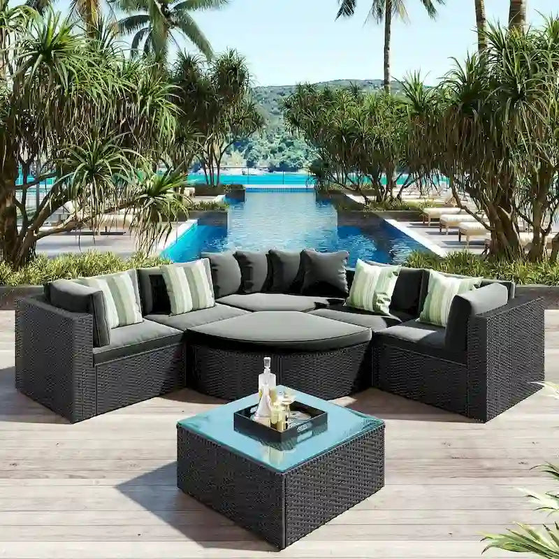 7 PCS Outdoor Wicker Sofa Set, Rattan Sofa Lounger
