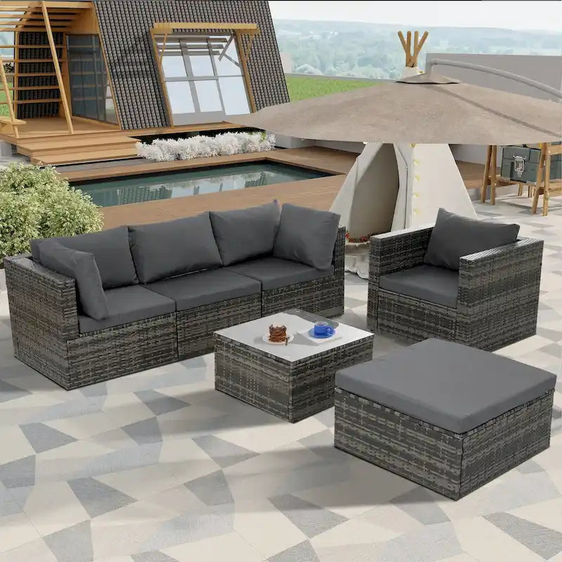 Mobilier de patio, mobilier d'extérieur, mobilier saisonnier en résine tressée, ensemble de 6 meubles en résine tressée avec table basse en verre trempé