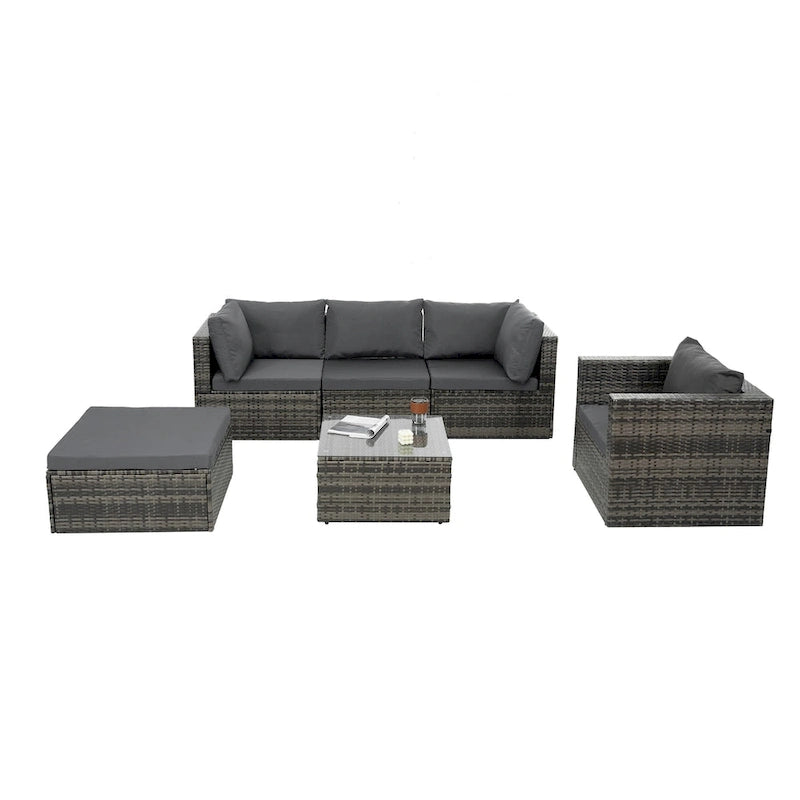 Mobilier de patio, mobilier d'extérieur, mobilier saisonnier en résine tressée, ensemble de 6 meubles en résine tressée avec table basse en verre trempé