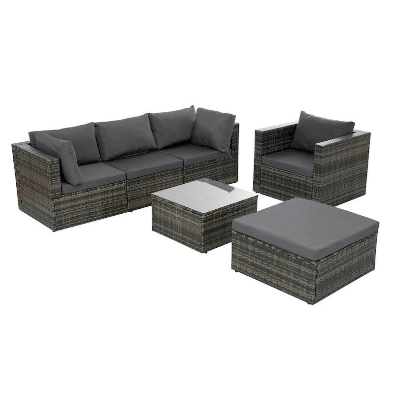 Mobilier de patio, mobilier d'extérieur, mobilier saisonnier en résine tressée, ensemble de 6 meubles en résine tressée avec table basse en verre trempé