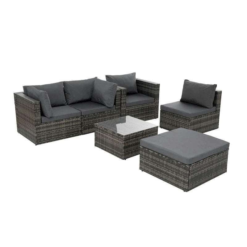 Mobilier de patio, mobilier d'extérieur, mobilier saisonnier en résine tressée, ensemble de 6 meubles en résine tressée avec table basse en verre trempé