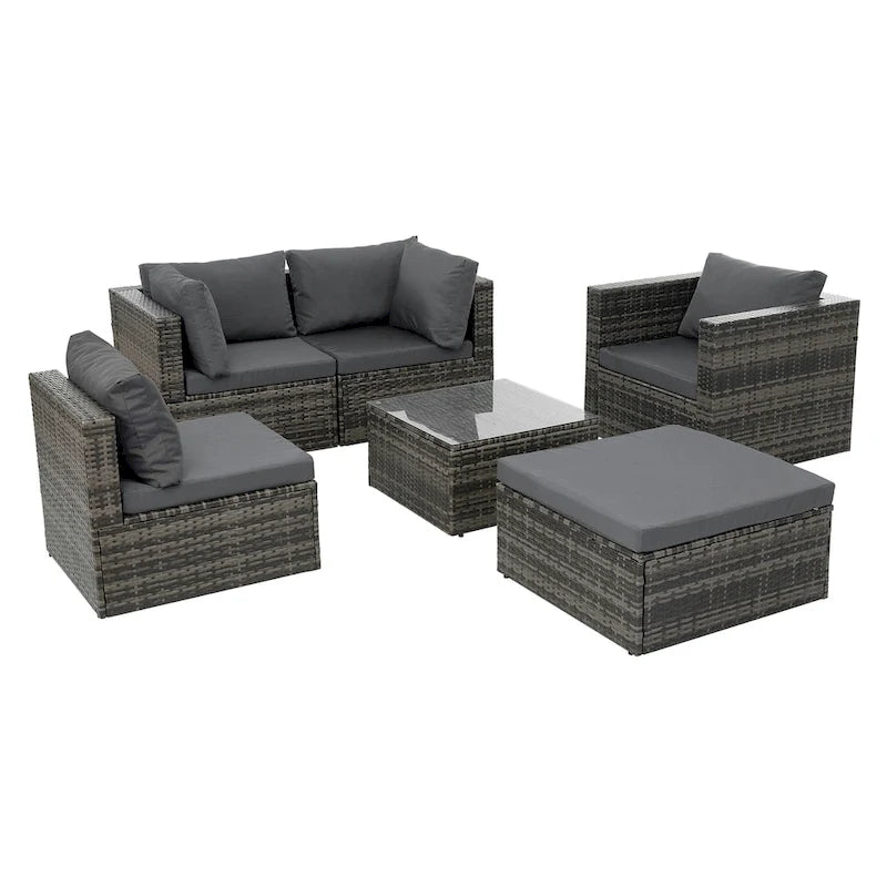 Mobilier de patio, mobilier d'extérieur, mobilier saisonnier en résine tressée, ensemble de 6 meubles en résine tressée avec table basse en verre trempé