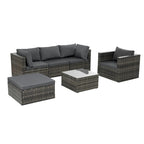 Mobilier de patio, mobilier d'extérieur, mobilier saisonnier en résine tressée, ensemble de 6 meubles en résine tressée avec table basse en verre trempé
