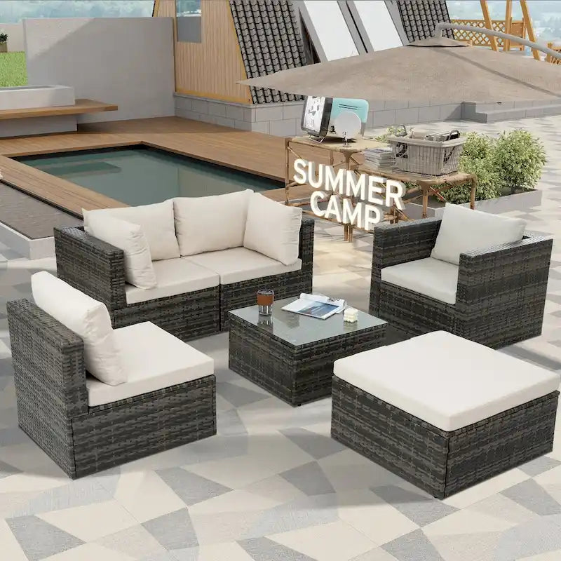 Mobilier de patio, mobilier d'extérieur, mobilier saisonnier en résine tressée, ensemble de 6 meubles en résine tressée avec table basse en verre trempé