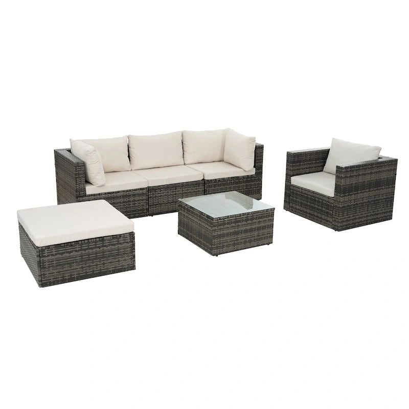 Mobilier de patio, mobilier d'extérieur, mobilier saisonnier en résine tressée, ensemble de 6 meubles en résine tressée avec table basse en verre trempé