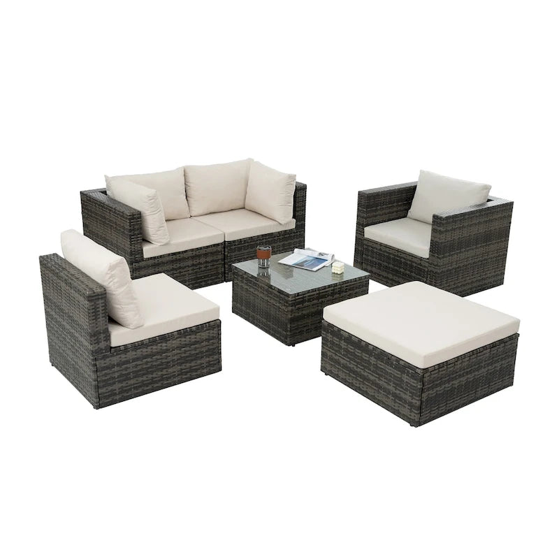 Mobilier de patio, mobilier d'extérieur, mobilier saisonnier en résine tressée, ensemble de 6 meubles en résine tressée avec table basse en verre trempé