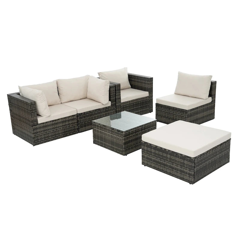 Mobilier de patio, mobilier d'extérieur, mobilier saisonnier en résine tressée, ensemble de 6 meubles en résine tressée avec table basse en verre trempé