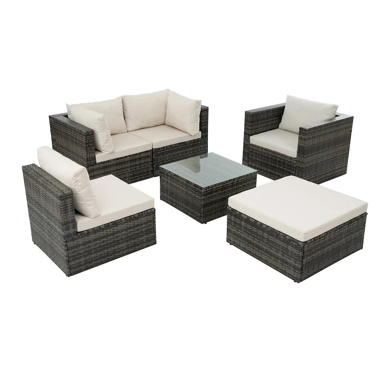 Mobilier de patio, mobilier d'extérieur, mobilier saisonnier en résine tressée, ensemble de 6 meubles en résine tressée avec table basse en verre trempé