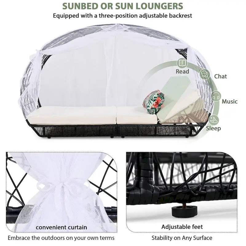 Oaks Aura Outdoor, transat avec coussin, rideau et oreiller coloré, chaises longues en osier, fauteuils inclinables réglables pour jardin