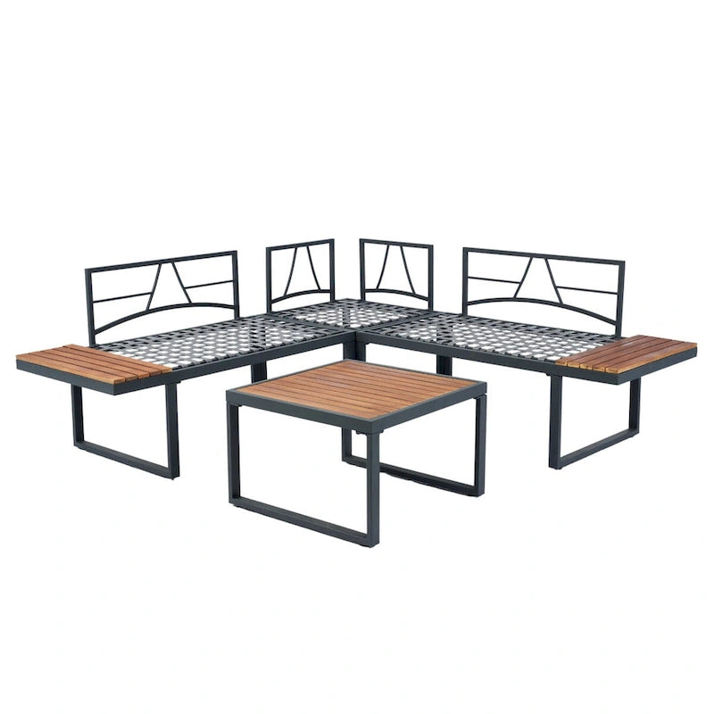 Ensemble de 4 pièces de conversation en résine tressée en forme de L pour patio, canapé d'angle 5 places avec table d'appoint et table basse.