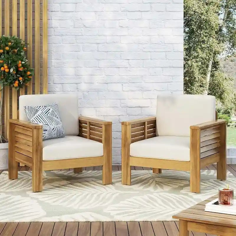Fauteuils de jardin en bois d'acacia avec coussins, ensemble de 2 chaises de patio