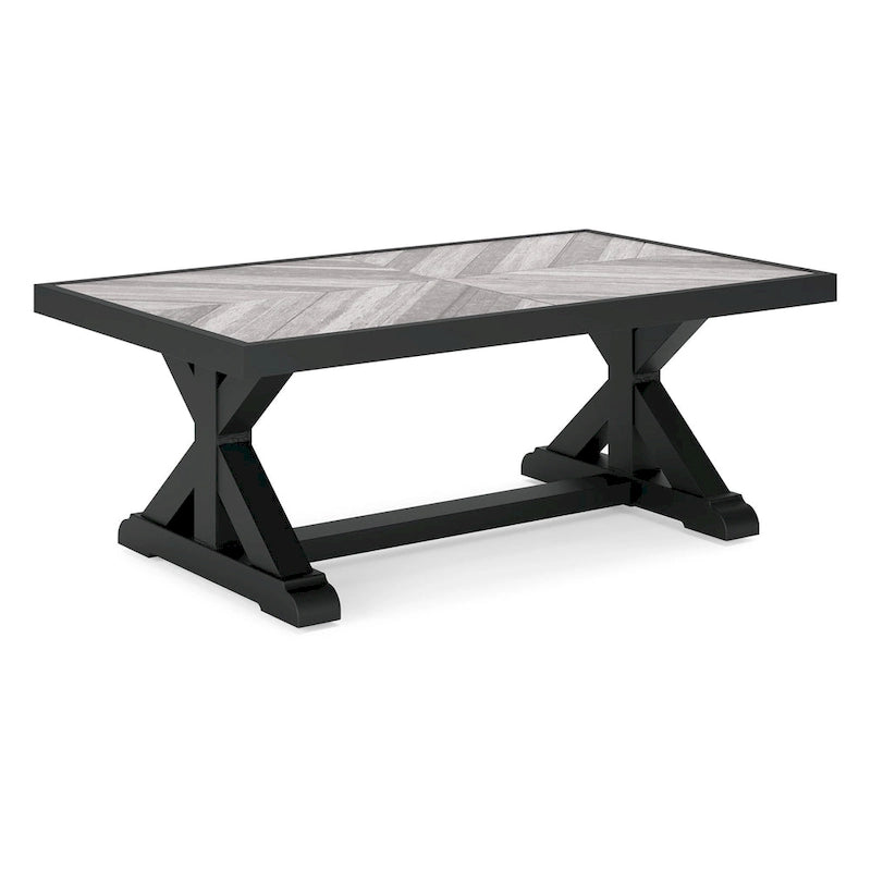 Table basse d'extérieur Tira 48 pouces, plateau en carrelage, finition noire et gris clair