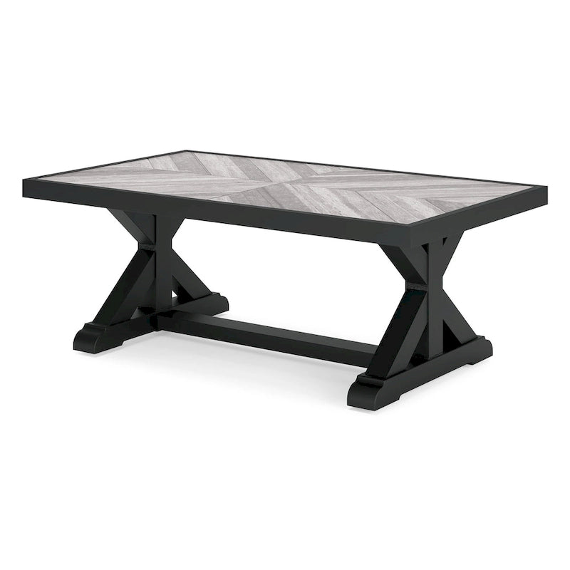 Table basse d'extérieur Tira 48 pouces, plateau en carrelage, finition noire et gris clair