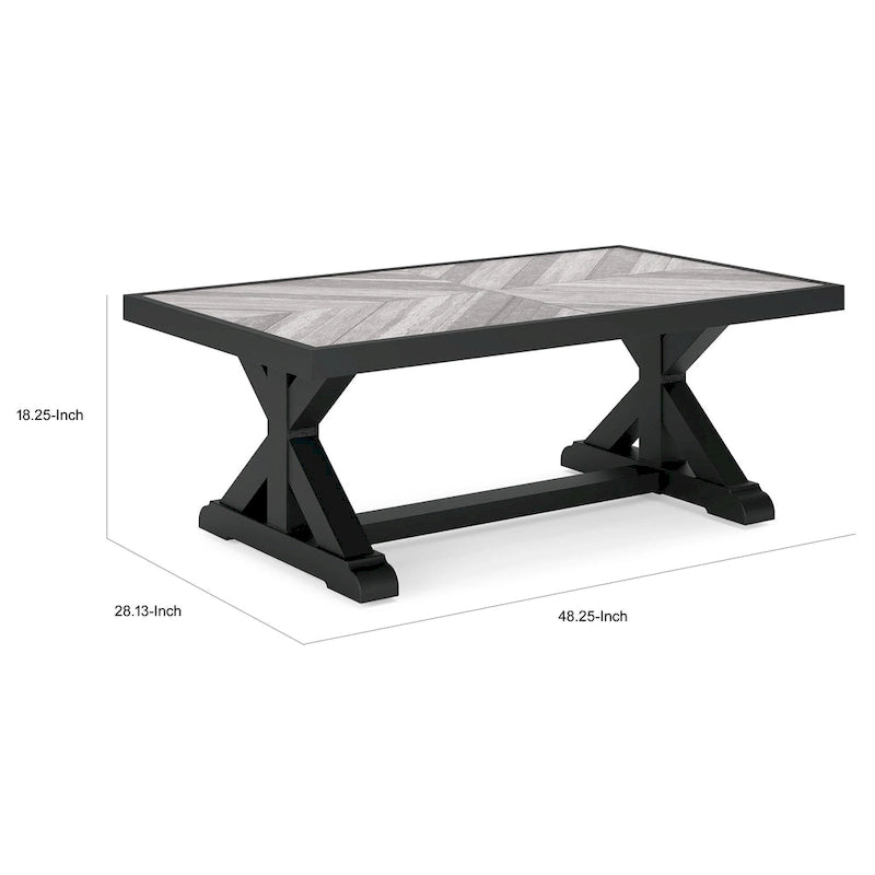 Table basse d'extérieur Tira 48 pouces, plateau en carrelage, finition noire et gris clair