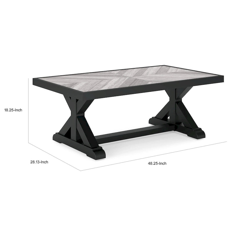 Table basse d'extérieur Tira 48 pouces, plateau en carrelage, finition noire et gris clair