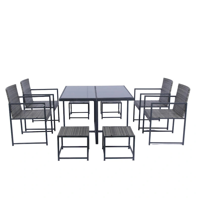 Ensemble de salle à manger d'extérieur 9 pièces avec chaises en rotin et plateau en verre, gain de place.