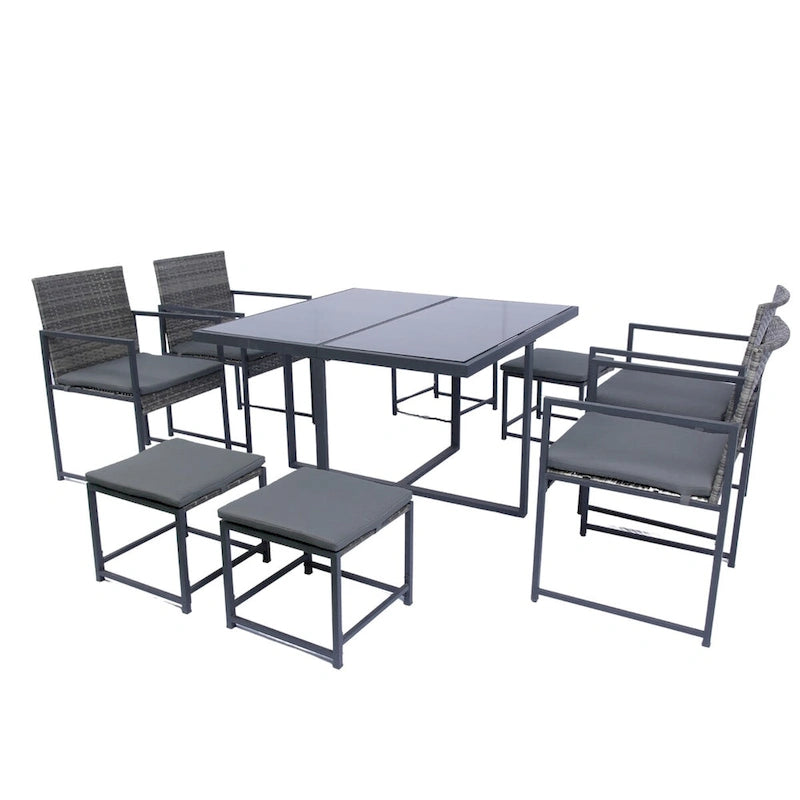 Ensemble de salle à manger d'extérieur 9 pièces avec chaises en rotin et plateau en verre, gain de place.