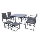 Ensemble de salle à manger d'extérieur 9 pièces avec chaises en rotin et plateau en verre, gain de place.