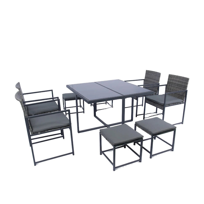 Ensemble de salle à manger d'extérieur 9 pièces avec chaises en rotin et plateau en verre, gain de place.