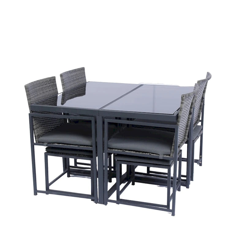 Ensemble de salle à manger d'extérieur 9 pièces avec chaises en rotin et plateau en verre, gain de place.