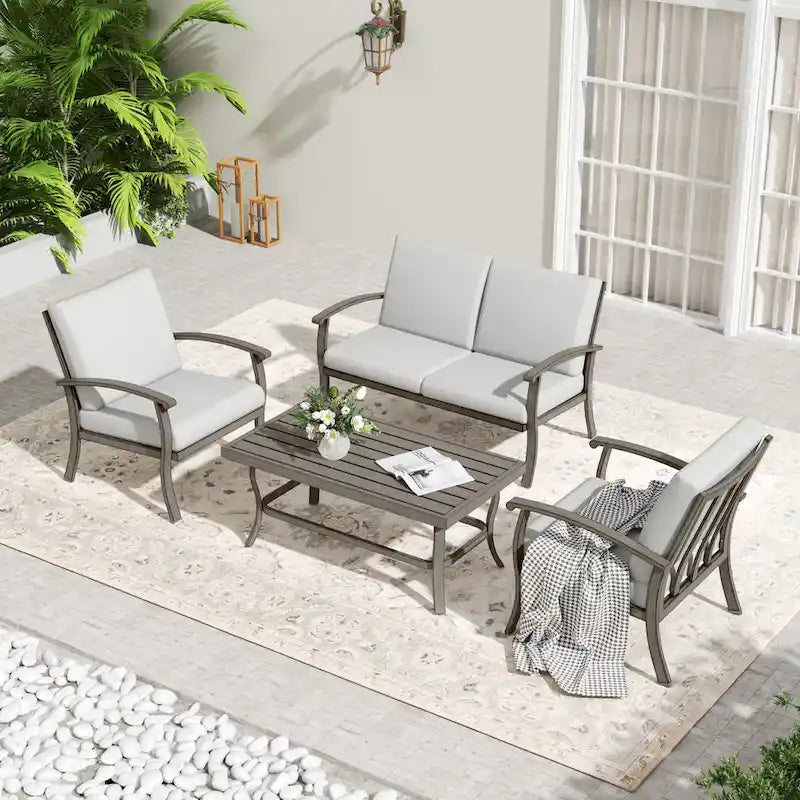 Ensemble de conversation de patio en aluminium pour 4 personnes avec table basse, causeuse et coussins gris clair