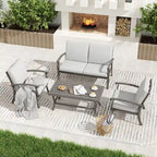 Ensemble de conversation de patio en aluminium pour 4 personnes avec table basse, causeuse et coussins gris clair