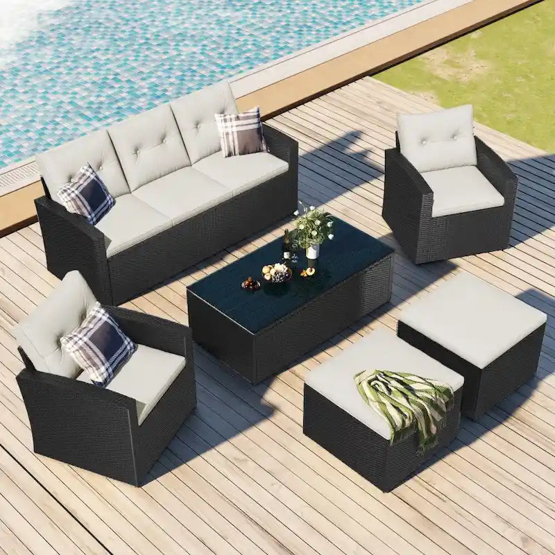 6-Piece All-Weather Wicker PE Rattan Patio Outdoor Conversation Sofa Sectional Set with coffee table and Cushions