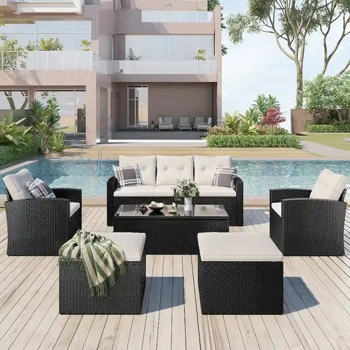 Ensemble de canapé d'angle 6 pièces en rotin PE résistant aux intempéries pour patio, avec table basse et coussins