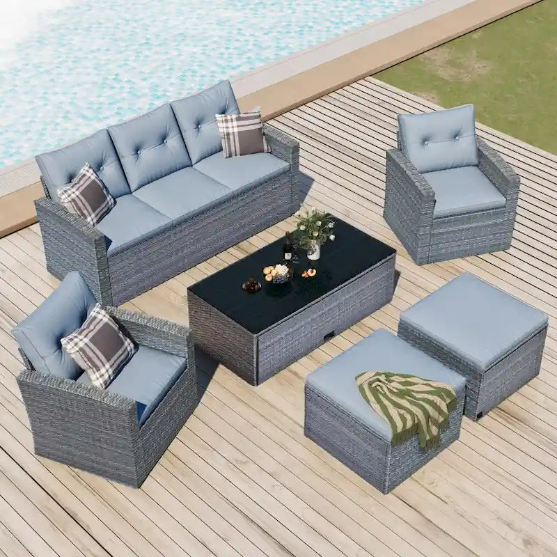 Ensemble de canapé d'angle 6 pièces en rotin PE résistant aux intempéries pour patio, avec table basse et coussins